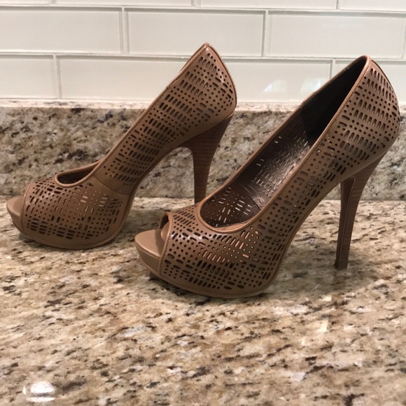 Eva & Zoe - Tan Laser Etched Peep Toe Heels - Picture 2 of 7